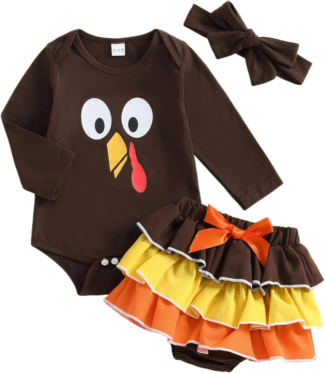 Sasaerucure Newborn Baby Girl Thanksgiving Outfit Turkey Printed Long Sleeve Romper Bodysuit Skirt Headband 3PCS Clothes Set