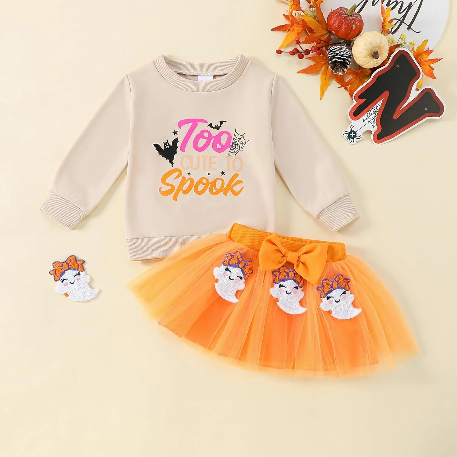 Toddler Baby Girl Halloween Outfit Ghost Print Long Sleeve Sweatshirt with Spooky Tulle Tutu Skirt Set