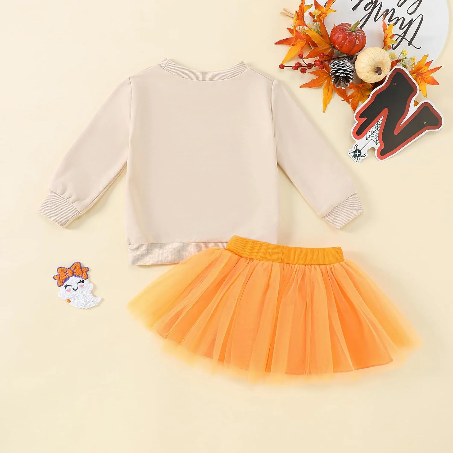 Toddler Baby Girl Halloween Outfit Ghost Print Long Sleeve Sweatshirt with Spooky Tulle Tutu Skirt Set