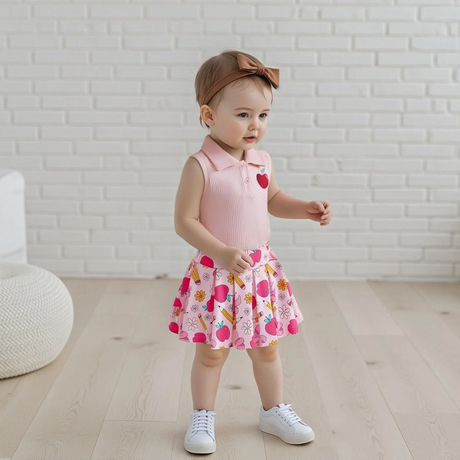 ست لباس دو تکه دخترانه برای بازگشت به مدرسه، تاپ بدون آستین یقه دار با طرح سیب و دامن پلیسه دار