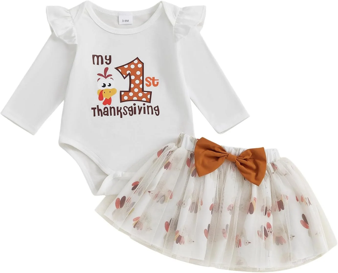 ست لباس دخترانه نوزادی برای اولین جشن شکرگزاری، رامپر بوقلمون، دامن توری پاپیونی، لباس پاییزی زمستانی 2 تکه