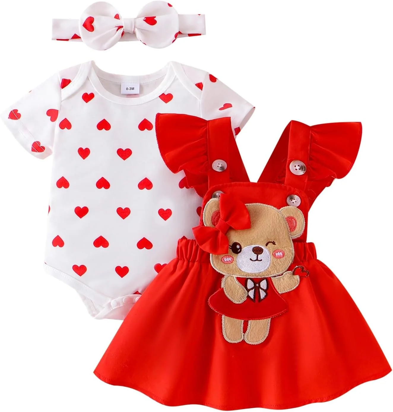 لباس تابستانی نوزادی دخترانه، رامپر چین‌دار، دامن ساسپندر کارتونی، ست هدبند پاپیونی 0 تا 18 ماه