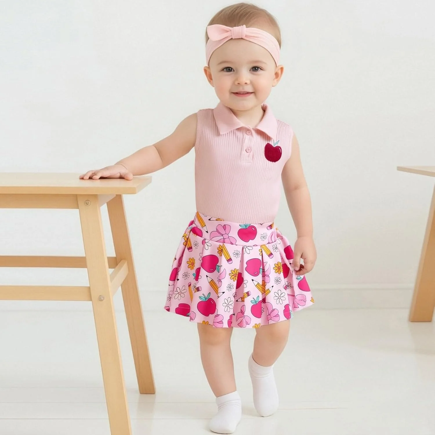 ست لباس دو تکه دخترانه برای بازگشت به مدرسه، تاپ بدون آستین یقه دار با طرح سیب و دامن پلیسه دار