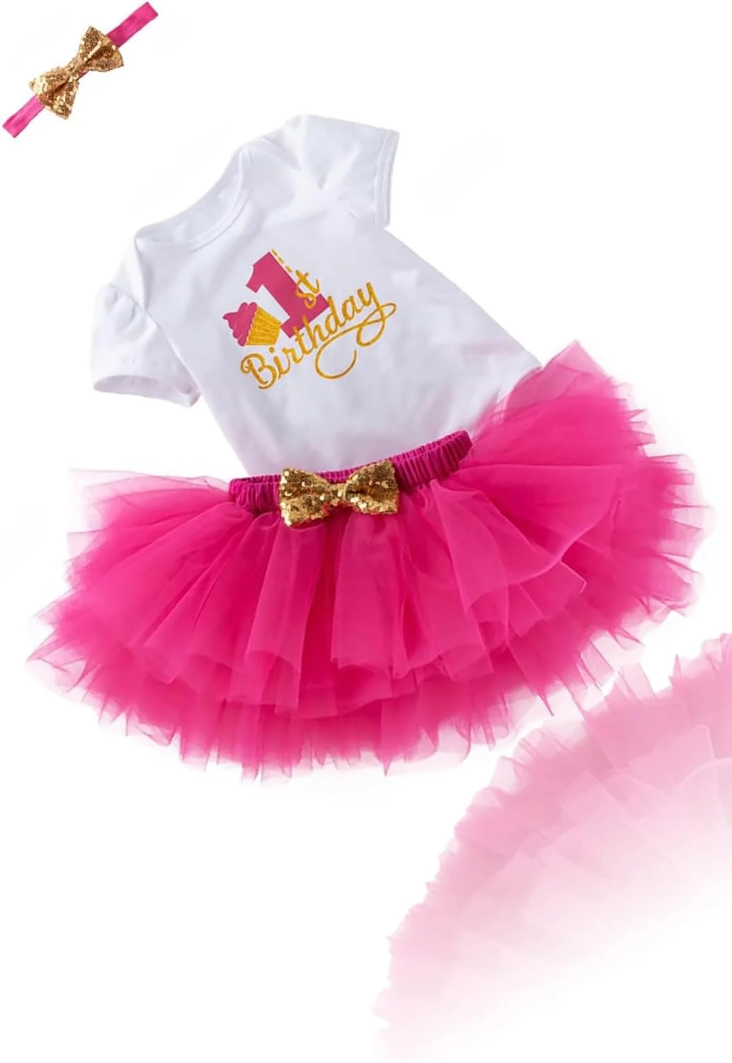 لباس رامپر تولد یک سالگی دخترانه Sweet Seven - دامن توتو توری با آستین کوتاه و هدبند پاپیونی - هدیه مهمانی (80/XL، 12-18 ماه)