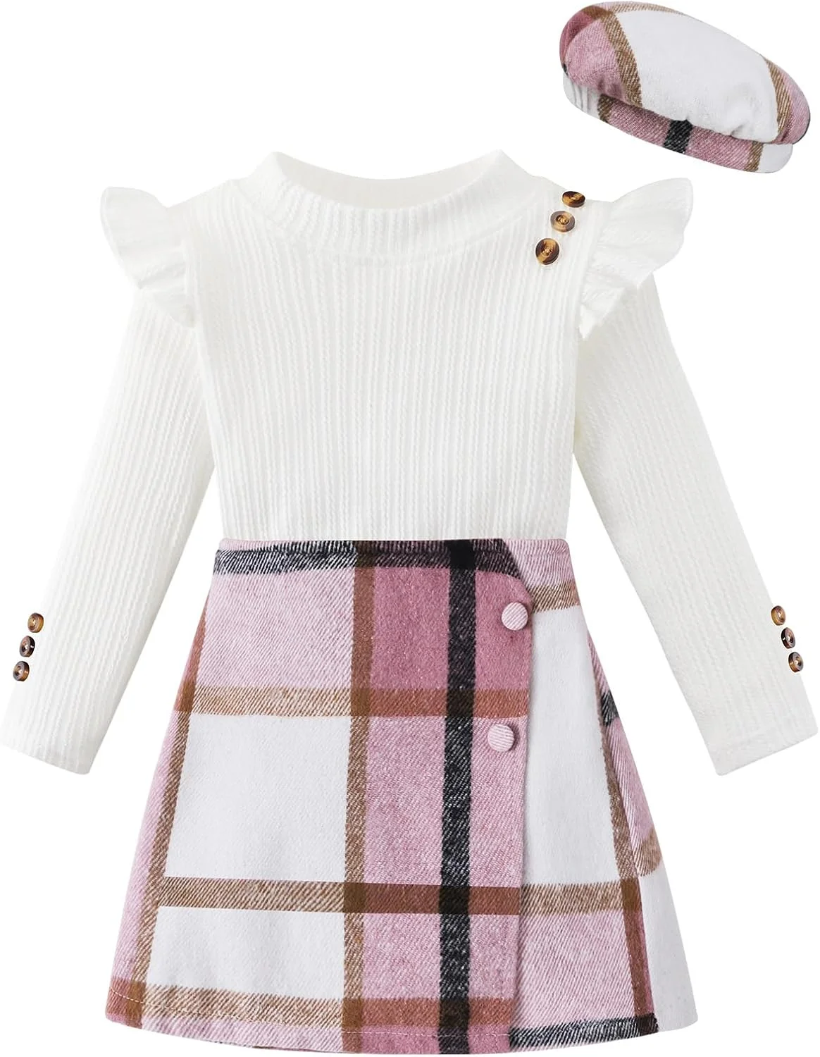 ست لباس دخترانه نوزادی Patgoal شامل بلوز آستین بلند دکمه دار چین دار + دامن چهارخانه + کلاه، مناسب پاییز و زمستان، 3 تکه