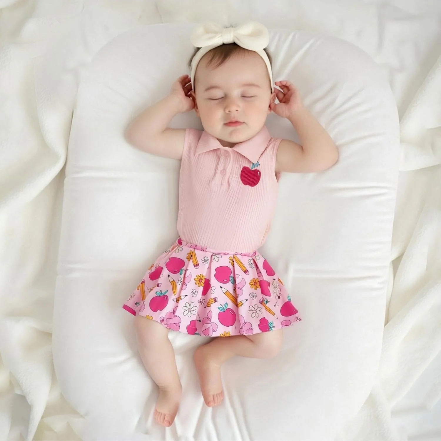 ست لباس دو تکه دخترانه برای بازگشت به مدرسه، تاپ بدون آستین یقه دار با طرح سیب و دامن پلیسه دار