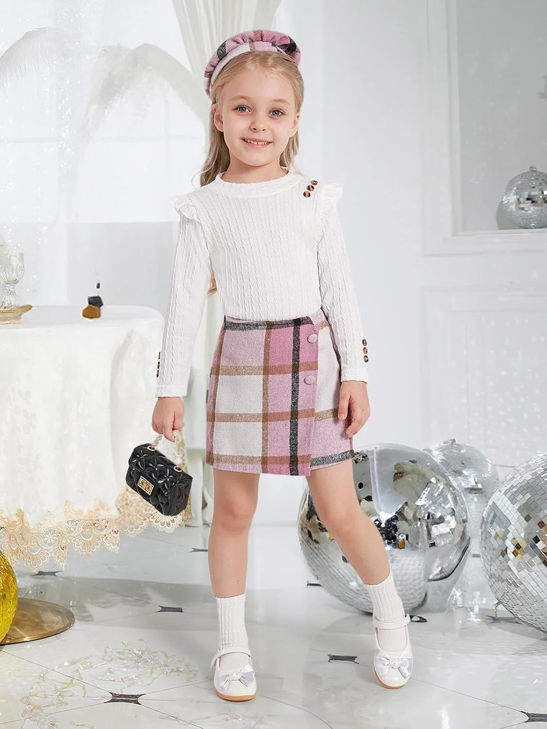 ست لباس دخترانه نوزادی Patgoal شامل بلوز آستین بلند دکمه دار چین دار + دامن چهارخانه + کلاه، مناسب پاییز و زمستان، 3 تکه ست لباس دخترانه نوزادی Patgoal شامل بلوز آستین بلند دکمه دار چین دار + دامن چهارخانه + کلاه، مناسب پاییز و زمستان، 3 تکه