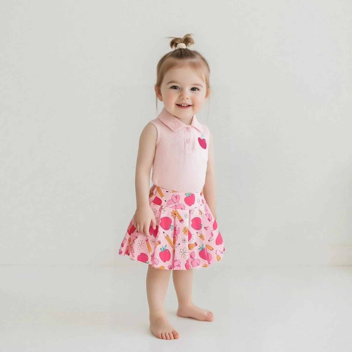 ست لباس دو تکه دخترانه برای بازگشت به مدرسه، تاپ بدون آستین یقه دار با طرح سیب و دامن پلیسه دار