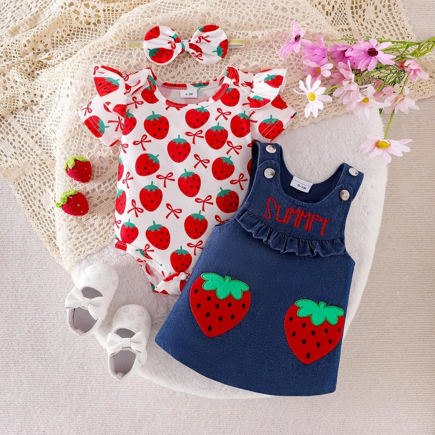 لباس نوزاد دخترانه، ست لباس تابستانی شامل رامپر چیندار، دامن ساسوندار و هدبند، مناسب 0 تا 18 ماه لباس نوزاد دخترانه، ست لباس تابستانی شامل رامپر چیندار، دامن ساسوندار و هدبند، مناسب 0 تا 18 ماه