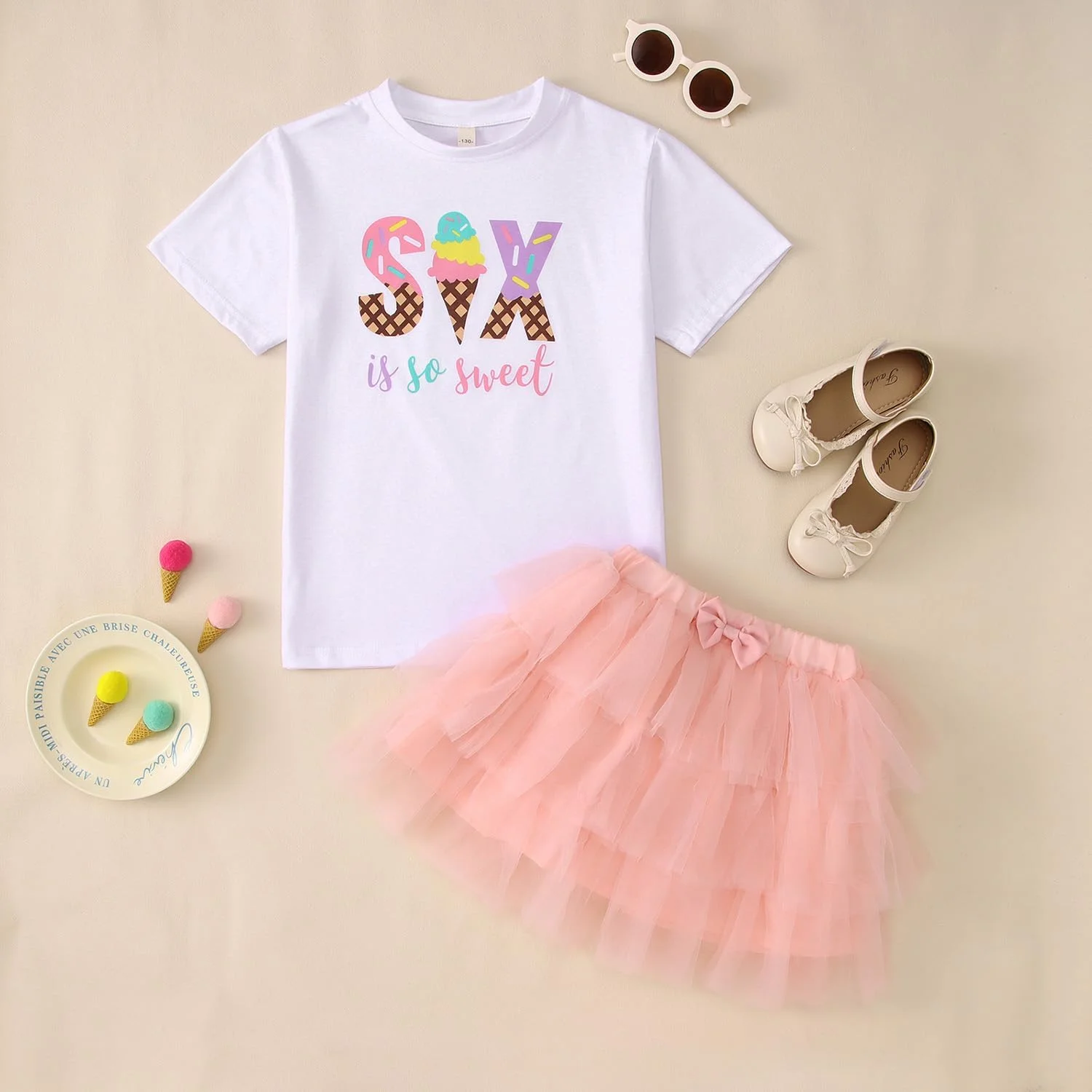 لباس تولد دخترانه SOFEON طرح بستنی، مناسب تولد ۲/۳/۴/۵/۶/۷ سالگی، شامل تیشرت و دامن توتو، ست ۲ تکه لباس جشن