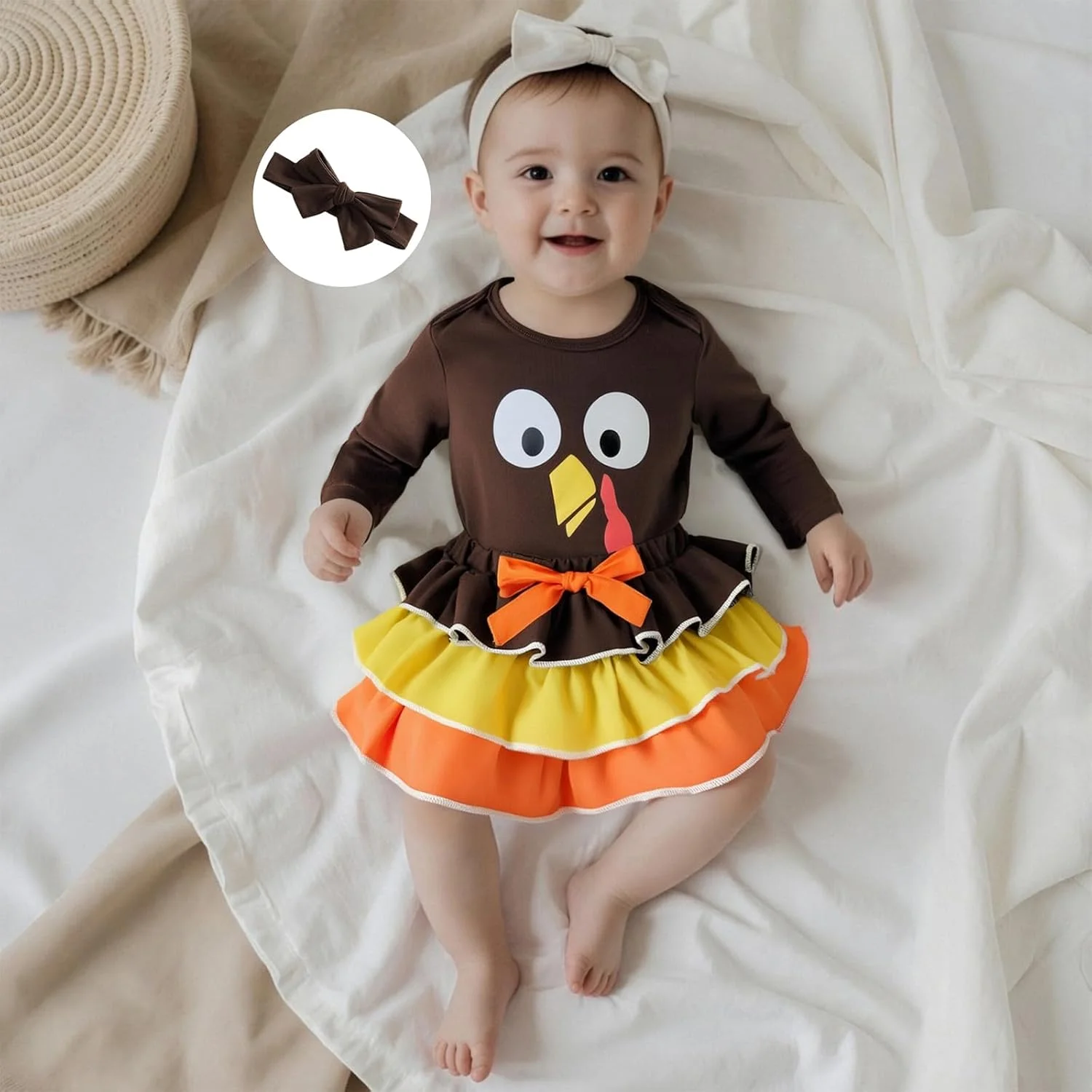 لباس روز شکرگزاری نوزاد دختر RSRZRCJ، رامپر آستین بلند با طرح بوقلمون، دامن شورت چین دار، ست لباس پاییزی زیبا