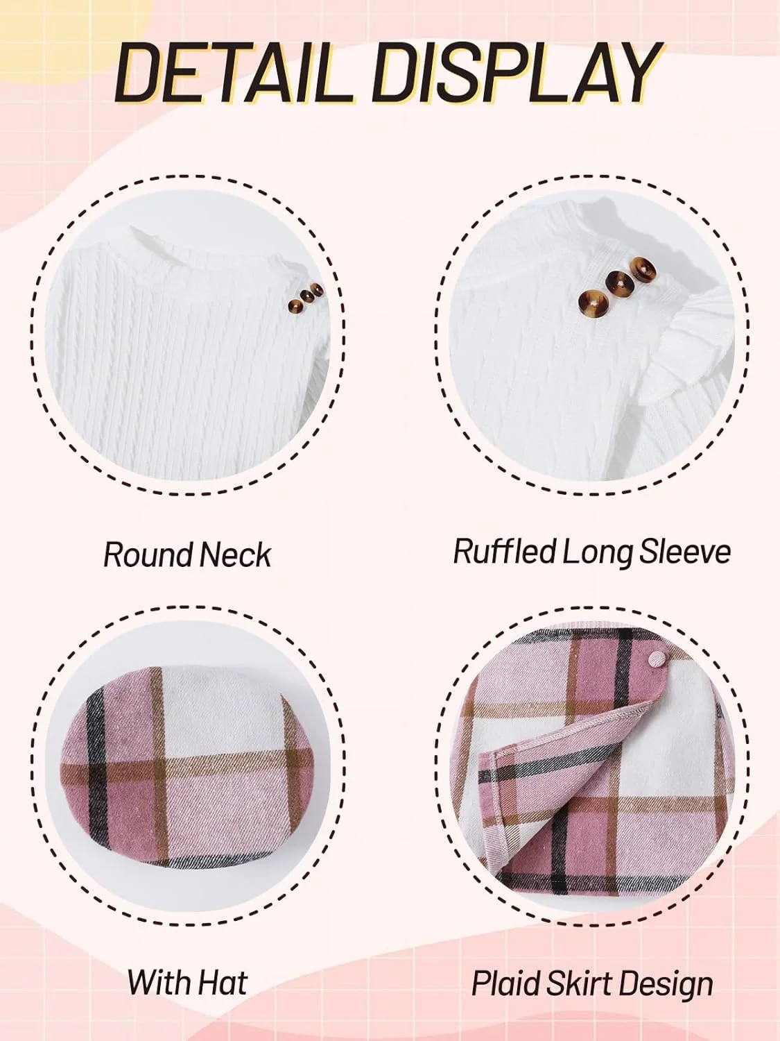 ست لباس دخترانه نوزادی Patgoal شامل بلوز آستین بلند دکمه دار چین دار + دامن چهارخانه + کلاه، مناسب پاییز و زمستان، 3 تکه ست لباس دخترانه نوزادی Patgoal شامل بلوز آستین بلند دکمه دار چین دار + دامن چهارخانه + کلاه، مناسب پاییز و زمستان، 3 تکه