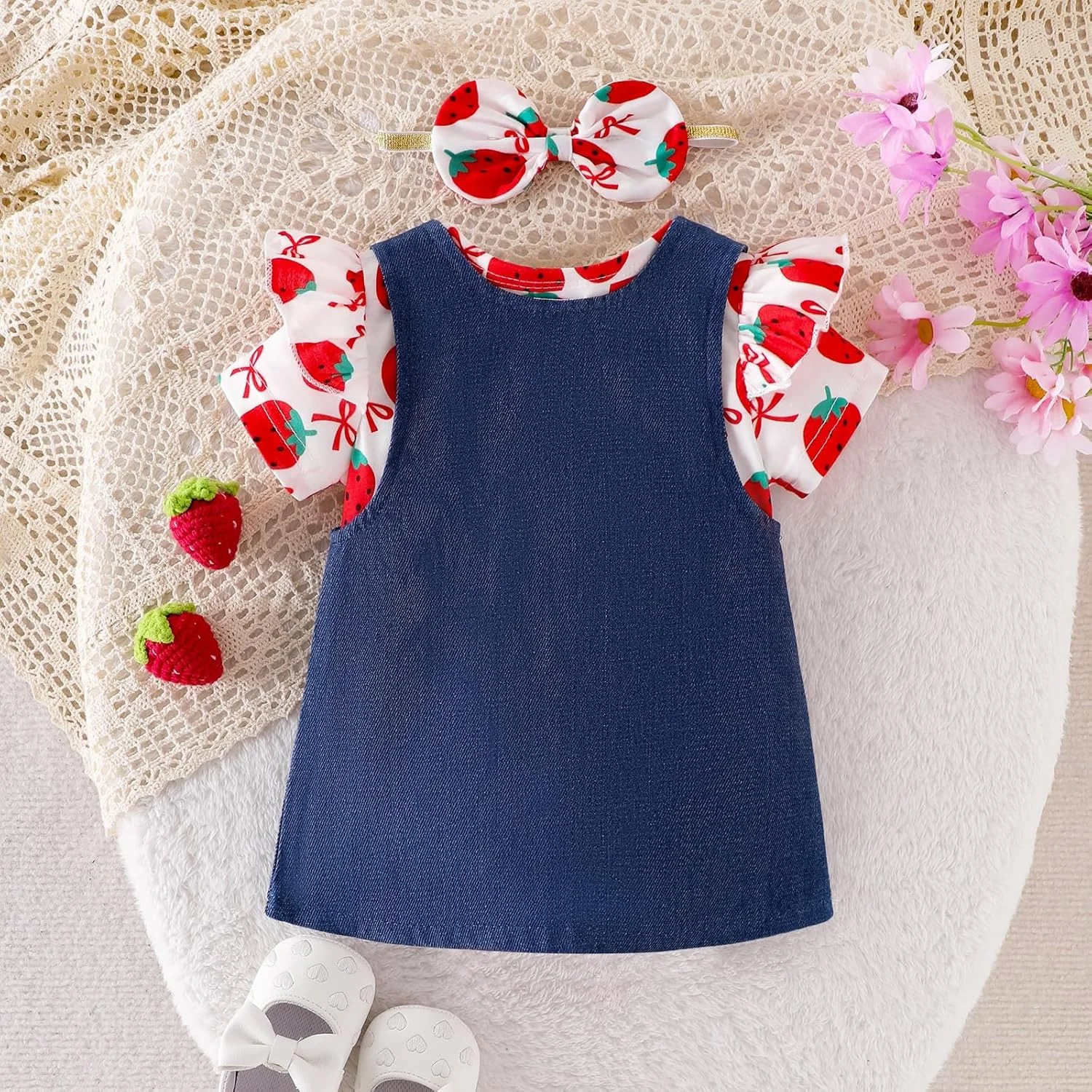 لباس نوزاد دخترانه، ست لباس تابستانی شامل رامپر چیندار، دامن ساسوندار و هدبند، مناسب 0 تا 18 ماه لباس نوزاد دخترانه، ست لباس تابستانی شامل رامپر چیندار، دامن ساسوندار و هدبند، مناسب 0 تا 18 ماه