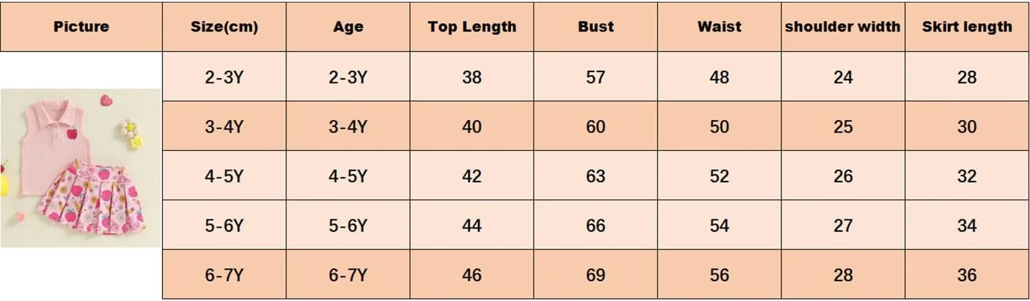 ست لباس دو تکه دخترانه برای بازگشت به مدرسه، تاپ بدون آستین یقه دار با طرح سیب و دامن پلیسه دار