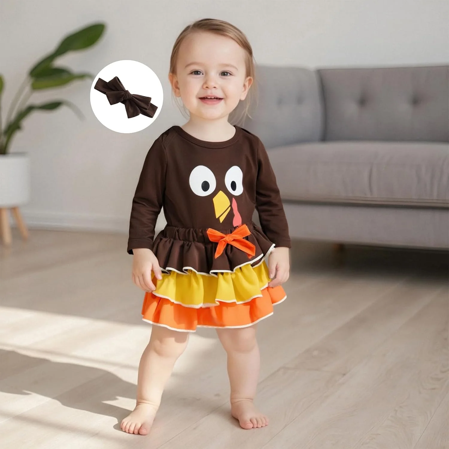 لباس روز شکرگزاری نوزاد دختر RSRZRCJ، رامپر آستین بلند با طرح بوقلمون، دامن شورت چین دار، ست لباس پاییزی زیبا