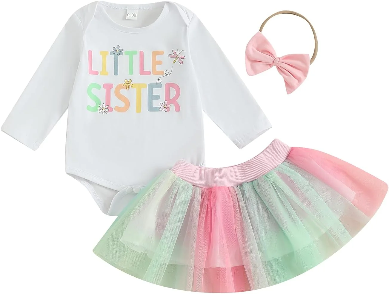 Saliuentm Big Sister Little Sister Matching Outfits Toddler Baby Girl Long Sleeve Shirt Romper with Tulle Skirt Clothes 3Pcs