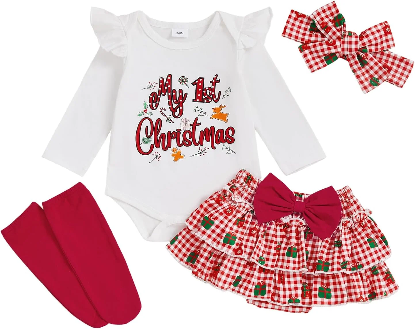لباس کریسمس نوزادی دخترانه سانتیکیسلر، سرهمی، دامن، هدبند و جوراب 4 تکه