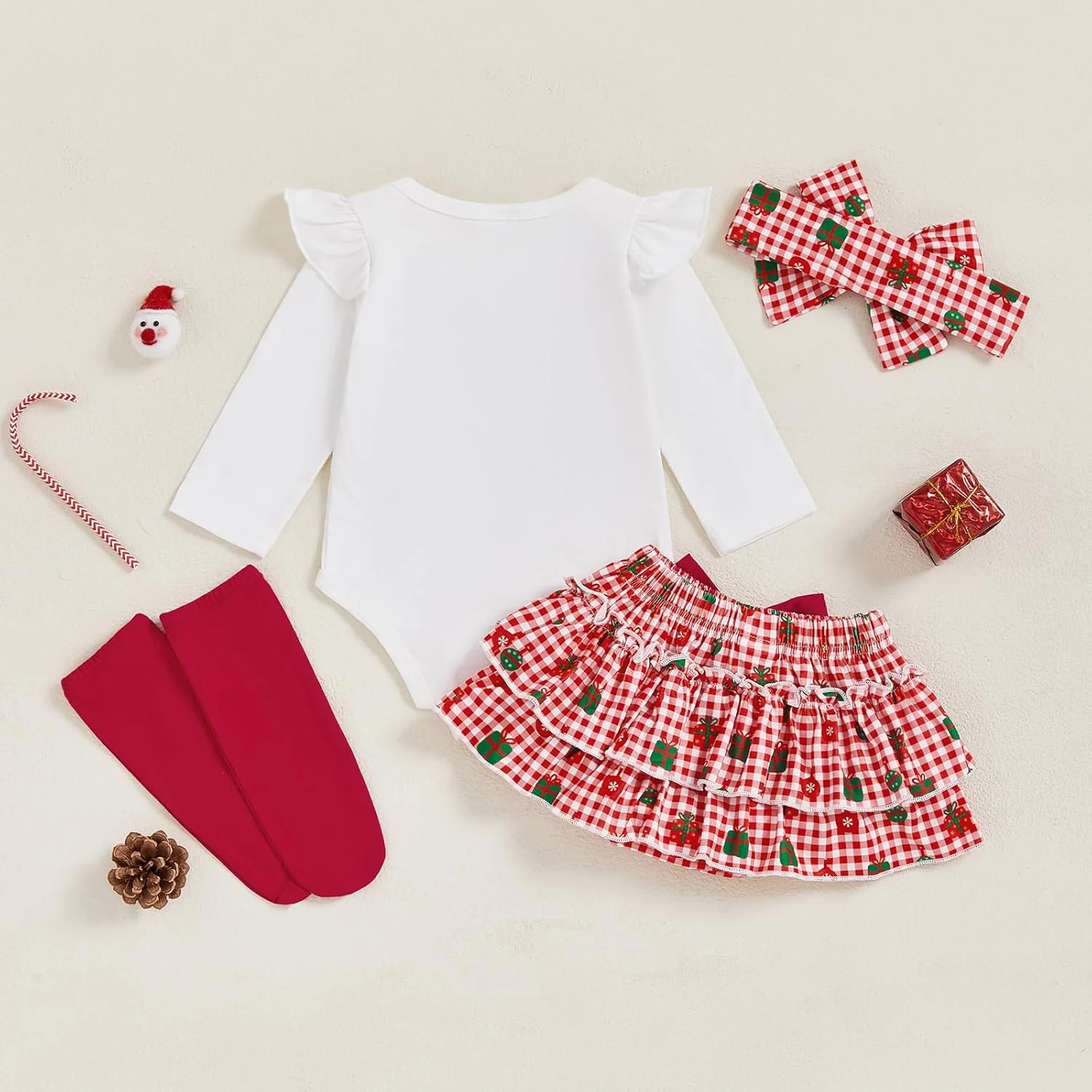 لباس کریسمس نوزادی دخترانه سانتیکیسلر، سرهمی، دامن، هدبند و جوراب 4 تکه
