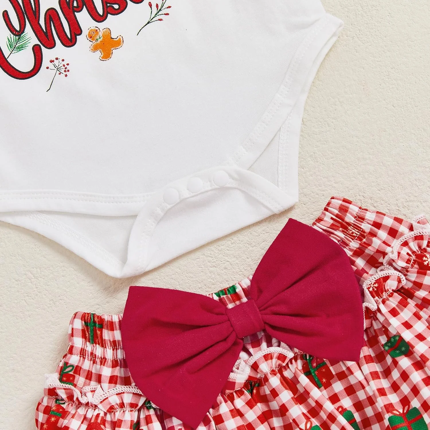 لباس کریسمس نوزادی دخترانه سانتیکیسلر، سرهمی، دامن، هدبند و جوراب 4 تکه