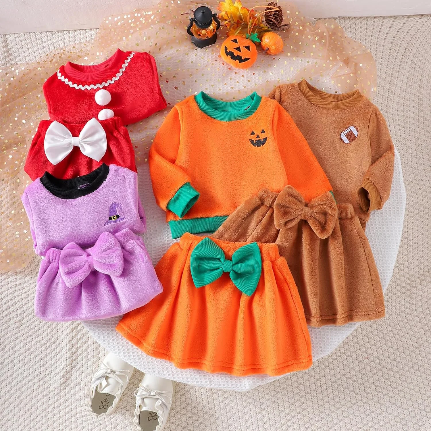 لباس هالووین دخترانه نوزاد نووبو، تاپ رنگ ثابت با دامن مخملی، لباس های پاییزی زیبا، لباس کریسمس لباس هالووین دخترانه نوزاد نووبو، تاپ رنگ ثابت با دامن مخملی، لباس های پاییزی زیبا، لباس کریسمس
