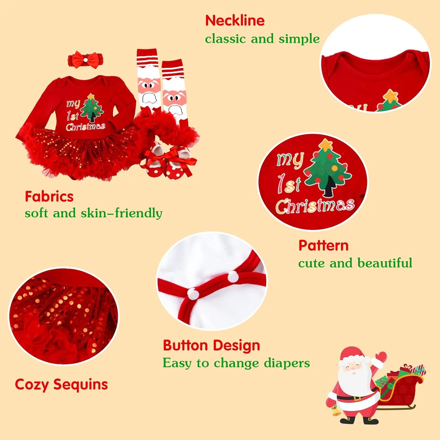لباس کریسمس دخترانه Kunyeah، رامپر نوزادی، دامن توتو، ست لباس کریسمس نوزاد با کفش، هدبند و ساق گرم کن