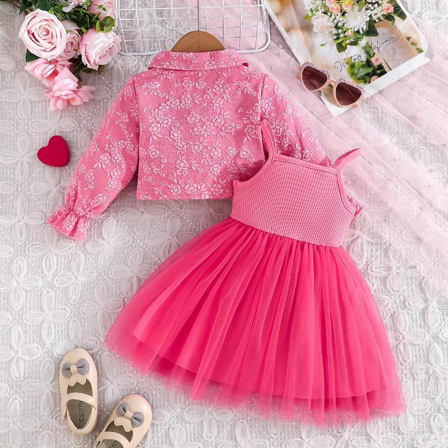 لباس توتو دخترانه Kunyeah با ژاکت بافتنی، لباس توری بدون آستین دخترانه، ژاکت توری گلدار، لباس آستین بلند نوزاد