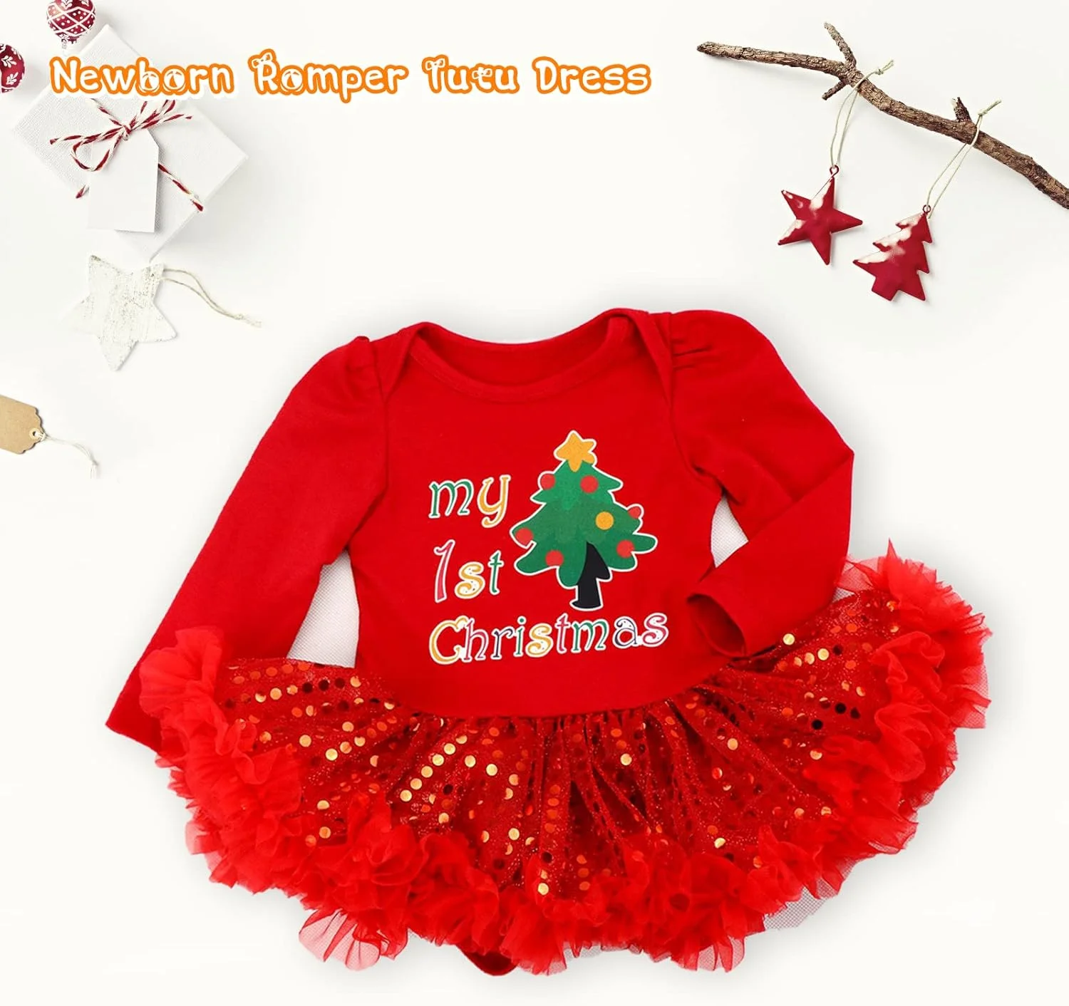 لباس کریسمس دخترانه Kunyeah، رامپر نوزادی، دامن توتو، ست لباس کریسمس نوزاد با کفش، هدبند و ساق گرم کن