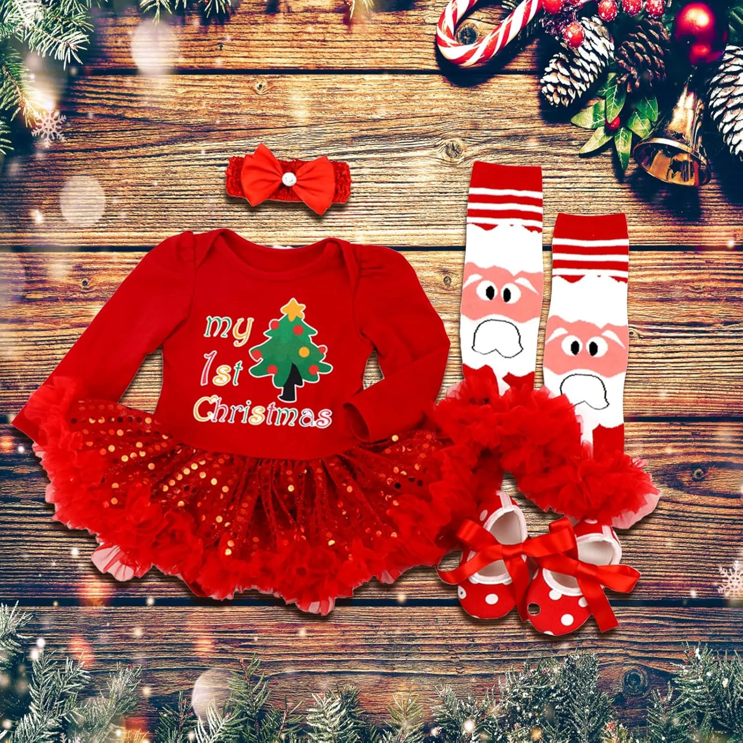 لباس کریسمس دخترانه Kunyeah، رامپر نوزادی، دامن توتو، ست لباس کریسمس نوزاد با کفش، هدبند و ساق گرم کن