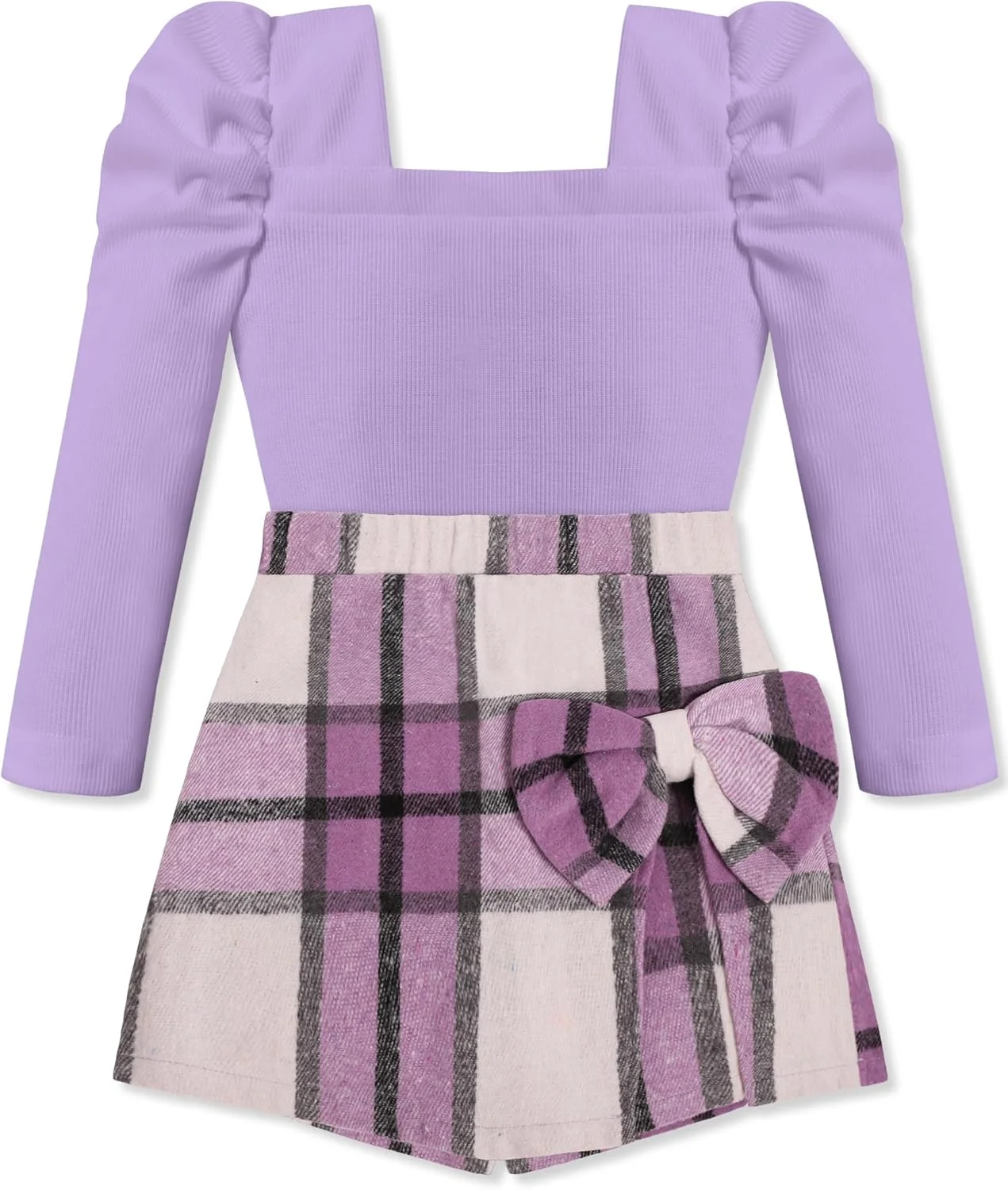 ست تاپ آستین پفی یقه مربعی و دامن شلواری دخترانه بچه گانه KISSB، مناسب برای پاییز و زمستان، 2 تکه ست تاپ آستین پفی یقه مربعی و دامن شلواری دخترانه بچه گانه KISSB، مناسب برای پاییز و زمستان، 2 تکه