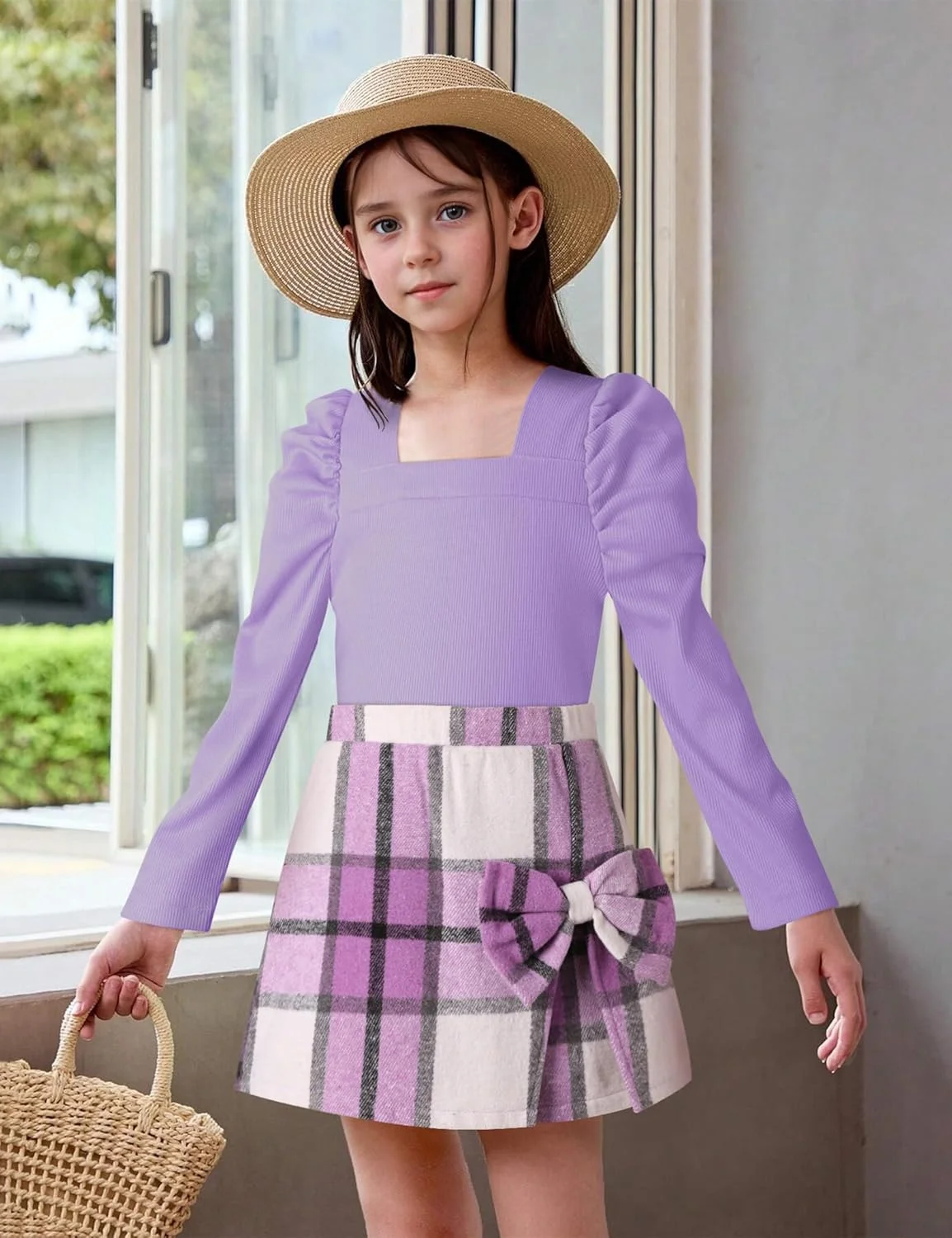 ست تاپ آستین پفی یقه مربعی و دامن شلواری دخترانه بچه گانه KISSB، مناسب برای پاییز و زمستان، 2 تکه