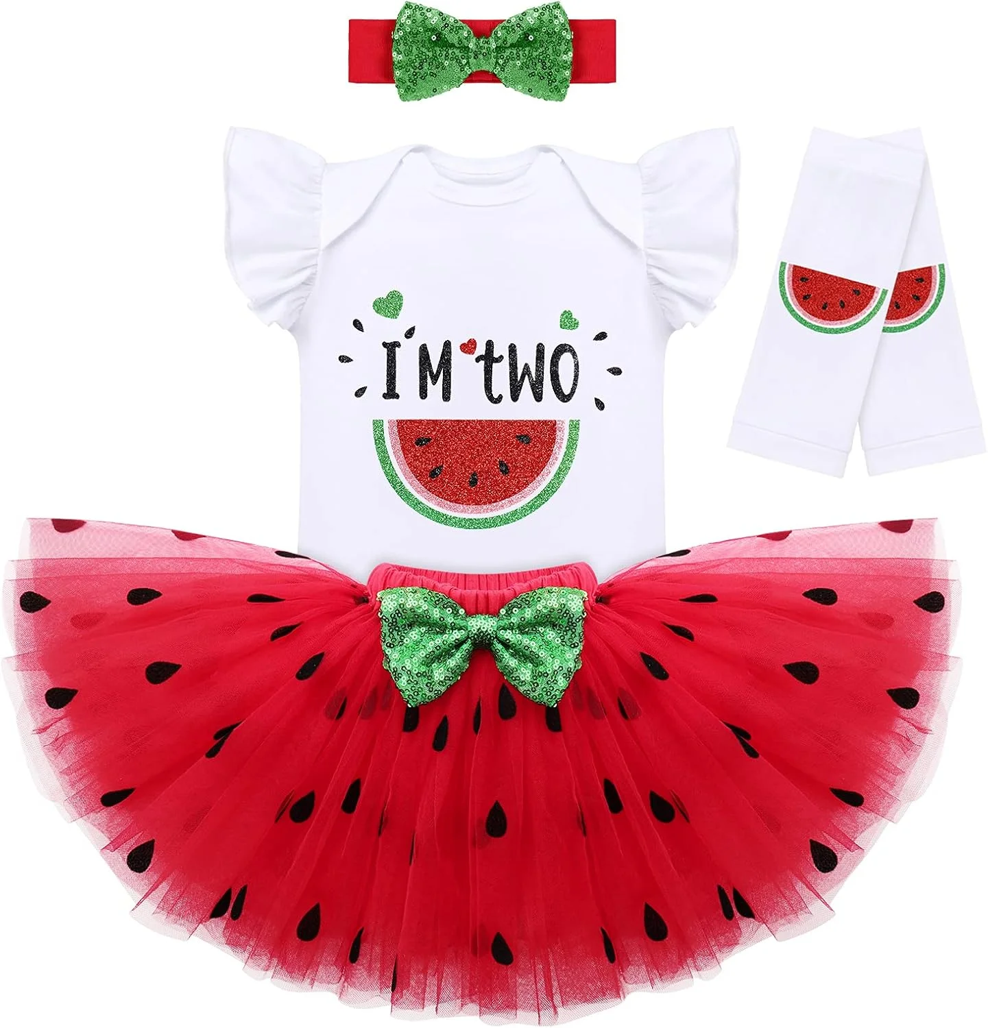 ست لباس تولد نوزاد دخترانه طرح هندوانه، شامل رامپر، دامن توتو، ساق و هدبند 4 تکه مناسب جشن نیم سالگی و یک سالگی ست لباس تولد نوزاد دخترانه طرح هندوانه، شامل رامپر، دامن توتو، ساق و هدبند 4 تکه مناسب جشن نیم سالگی و یک سالگی