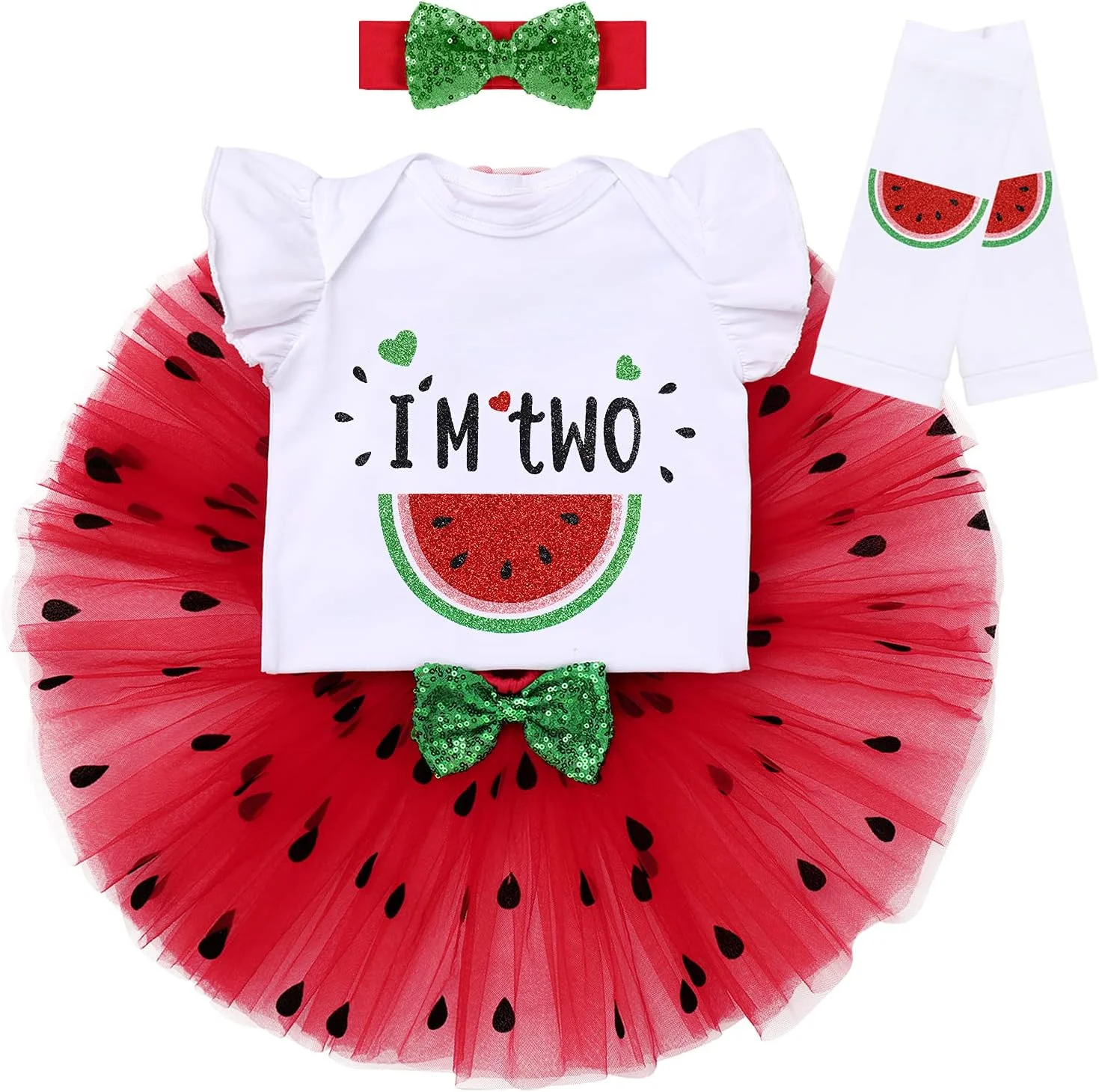 ست لباس تولد نوزاد دخترانه طرح هندوانه، شامل رامپر، دامن توتو، ساق و هدبند 4 تکه مناسب جشن نیم سالگی و یک سالگی ست لباس تولد نوزاد دخترانه طرح هندوانه، شامل رامپر، دامن توتو، ساق و هدبند 4 تکه مناسب جشن نیم سالگی و یک سالگی