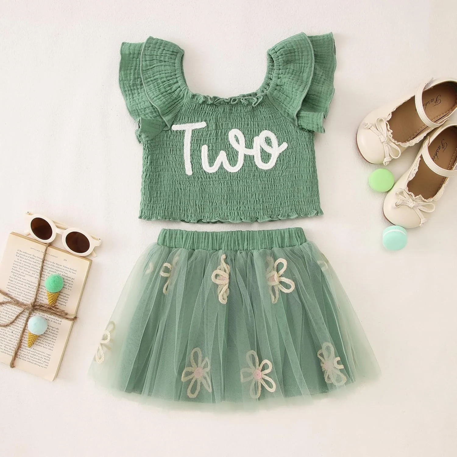 لباس تولد دخترانه KEKEMI مناسب تولد 2، 3، 4، 5، 6 و 7 سالگی، شامل تیشرت گلدوزی شده و دامن توتو