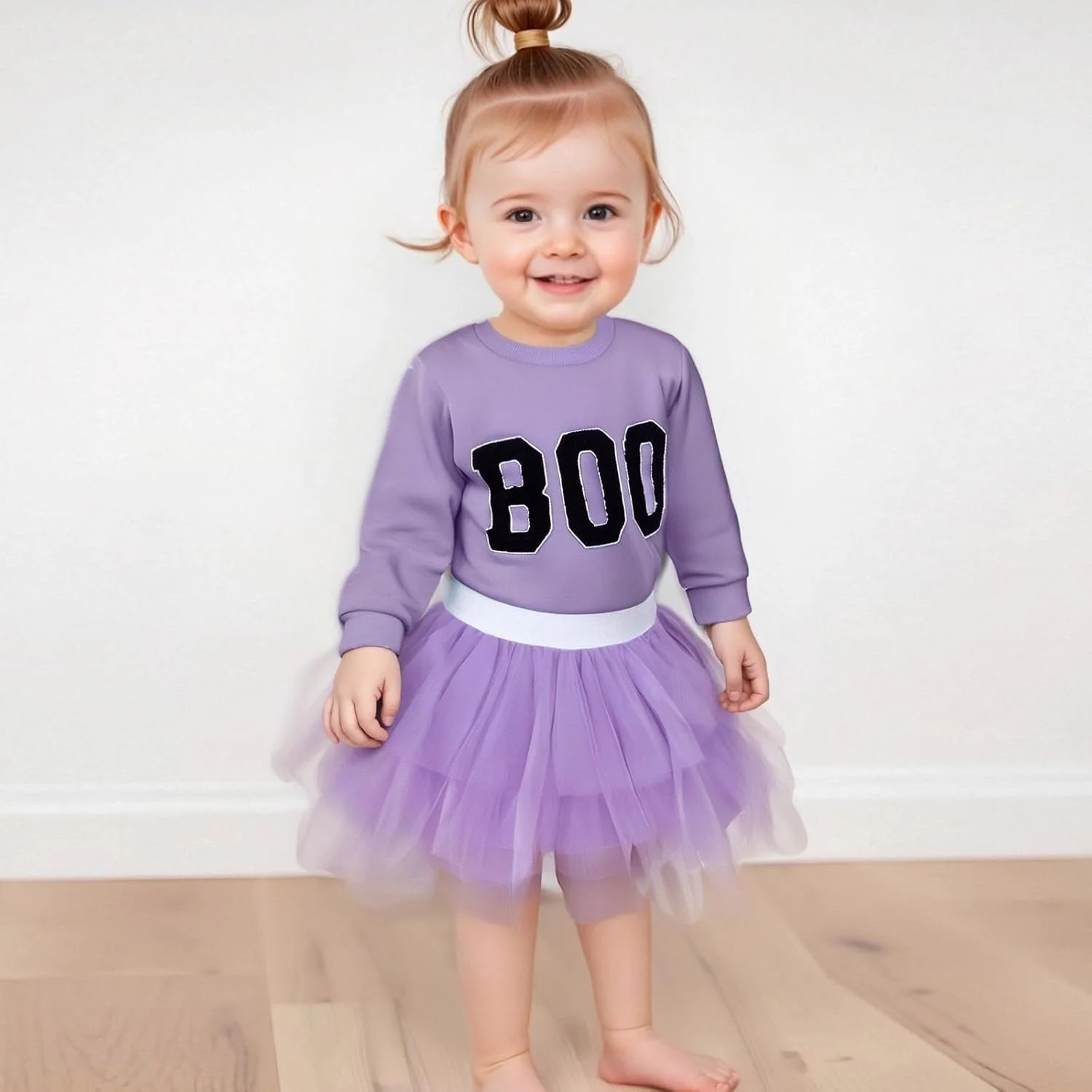 ست لباس هالووین دخترانه KtwHarnu، تاپ دور گردن گلدوزی شده با طرح Boo، دامن توری توتو، لباس پاییزی