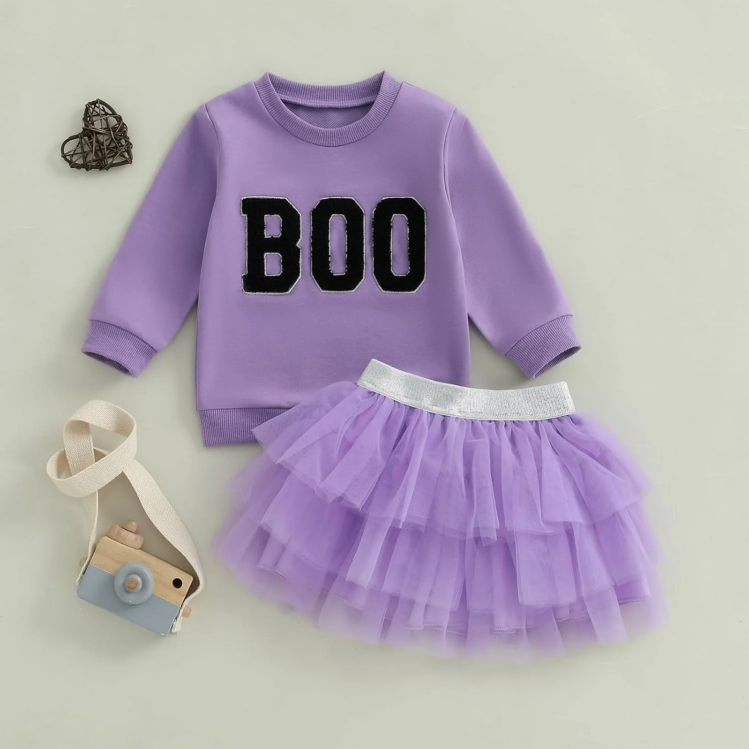 ست لباس هالووین دخترانه KtwHarnu، تاپ دور گردن گلدوزی شده با طرح Boo، دامن توری توتو، لباس پاییزی