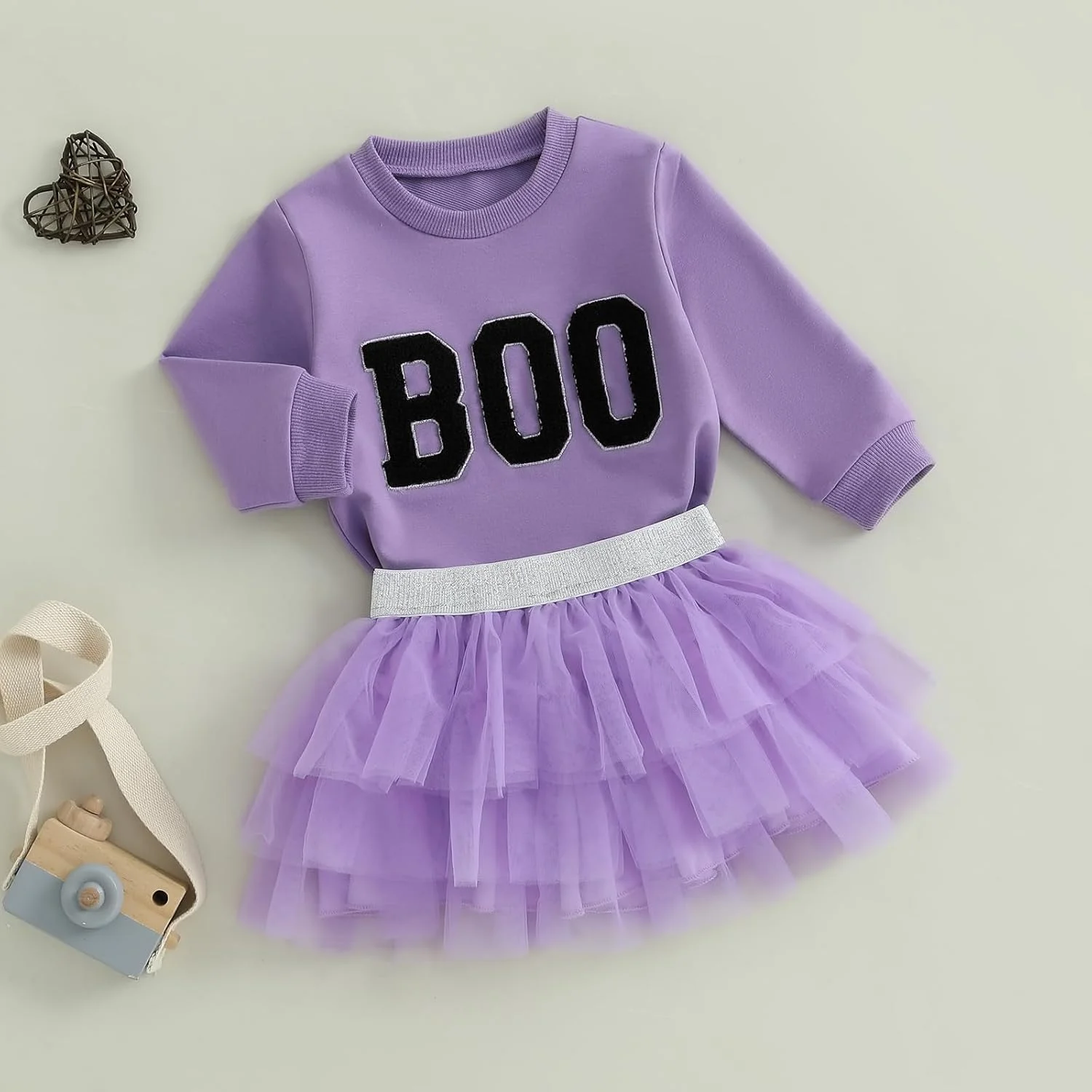 ست لباس هالووین دخترانه KtwHarnu، تاپ دور گردن گلدوزی شده با طرح Boo، دامن توری توتو، لباس پاییزی