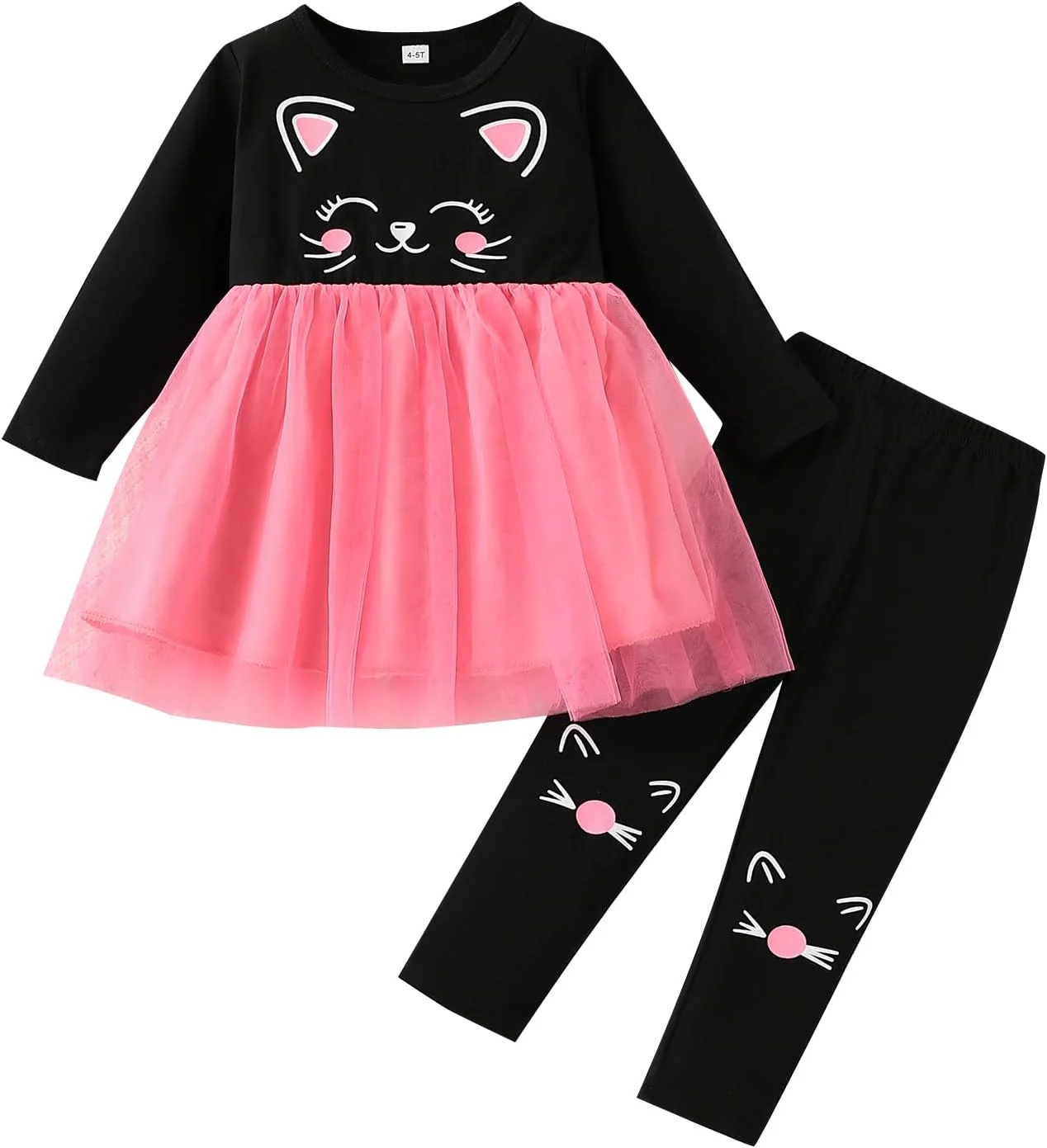 HSOXLQF لباس دخترانه بچه گانه طرح گربه، دامن توری + ست 2 تکه شلوار مناسب پاییز و زمستان