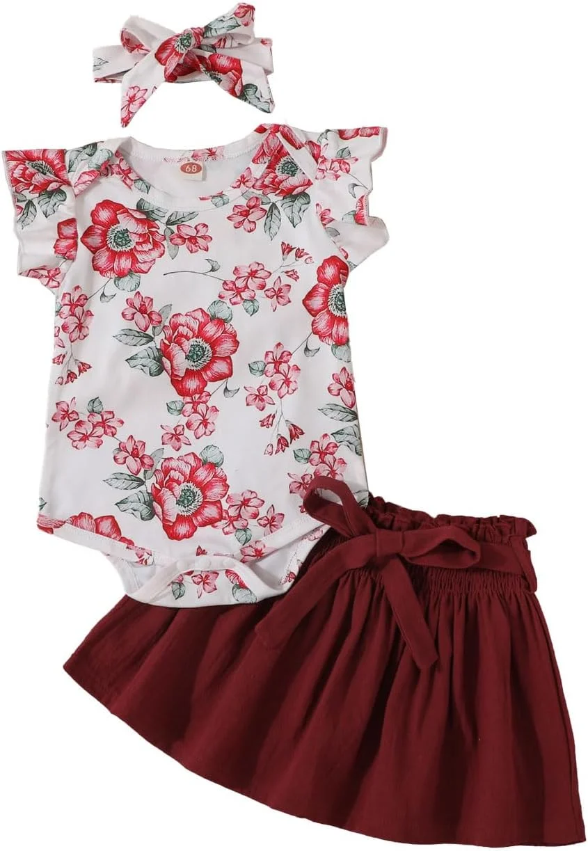 ست لباس نوزاد دخترانه HEOXIN شامل رامپر آستین حلقه ای طرح گلدار، دامن تک رنگ، هدبند و کمربند، مناسب نوزادان 3 تا 24 ماهه برای تابستان، رنگ صورتی/قرمز ست لباس نوزاد دخترانه HEOXIN شامل رامپر آستین حلقه ای طرح گلدار، دامن تک رنگ، هدبند و کمربند، مناسب نوزادان 3 تا 24 ماهه برای تابستان، رنگ صورتی/قرمز