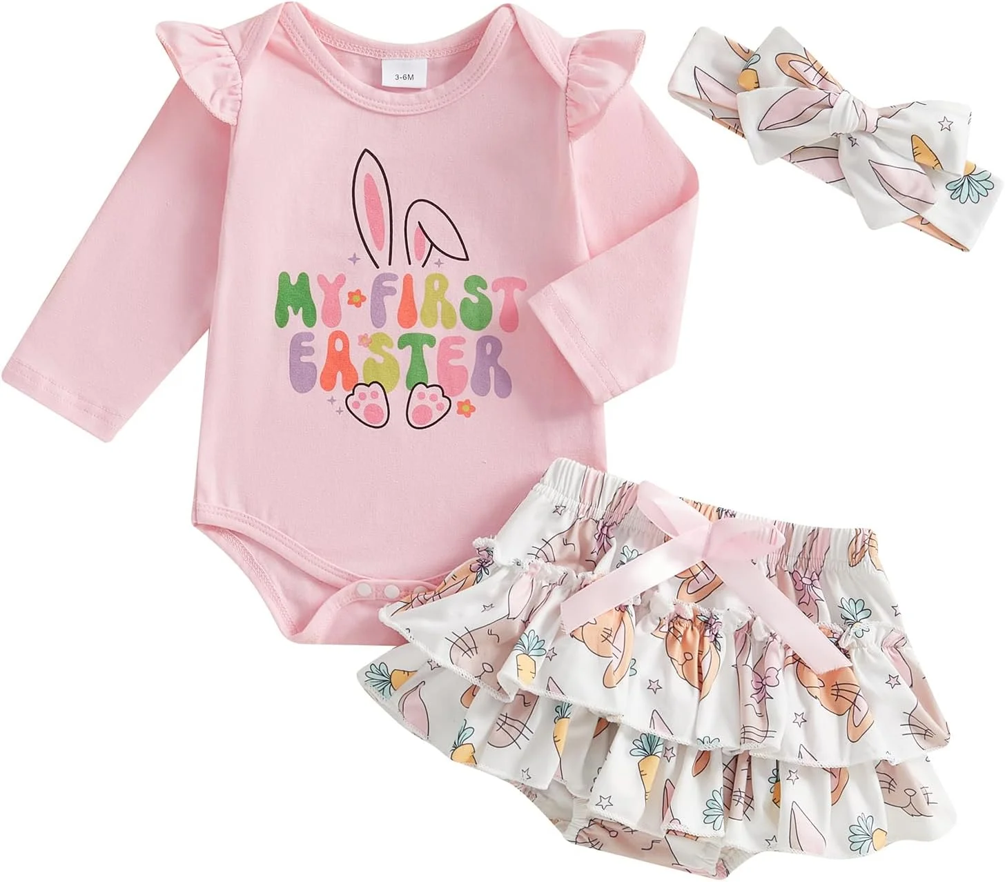 لباس عید پاک نوزادی دخترانه Gueuusu، رامپر آستین بلند + دامن توتو خرگوشی + ساق گرمکن + ست هدبند