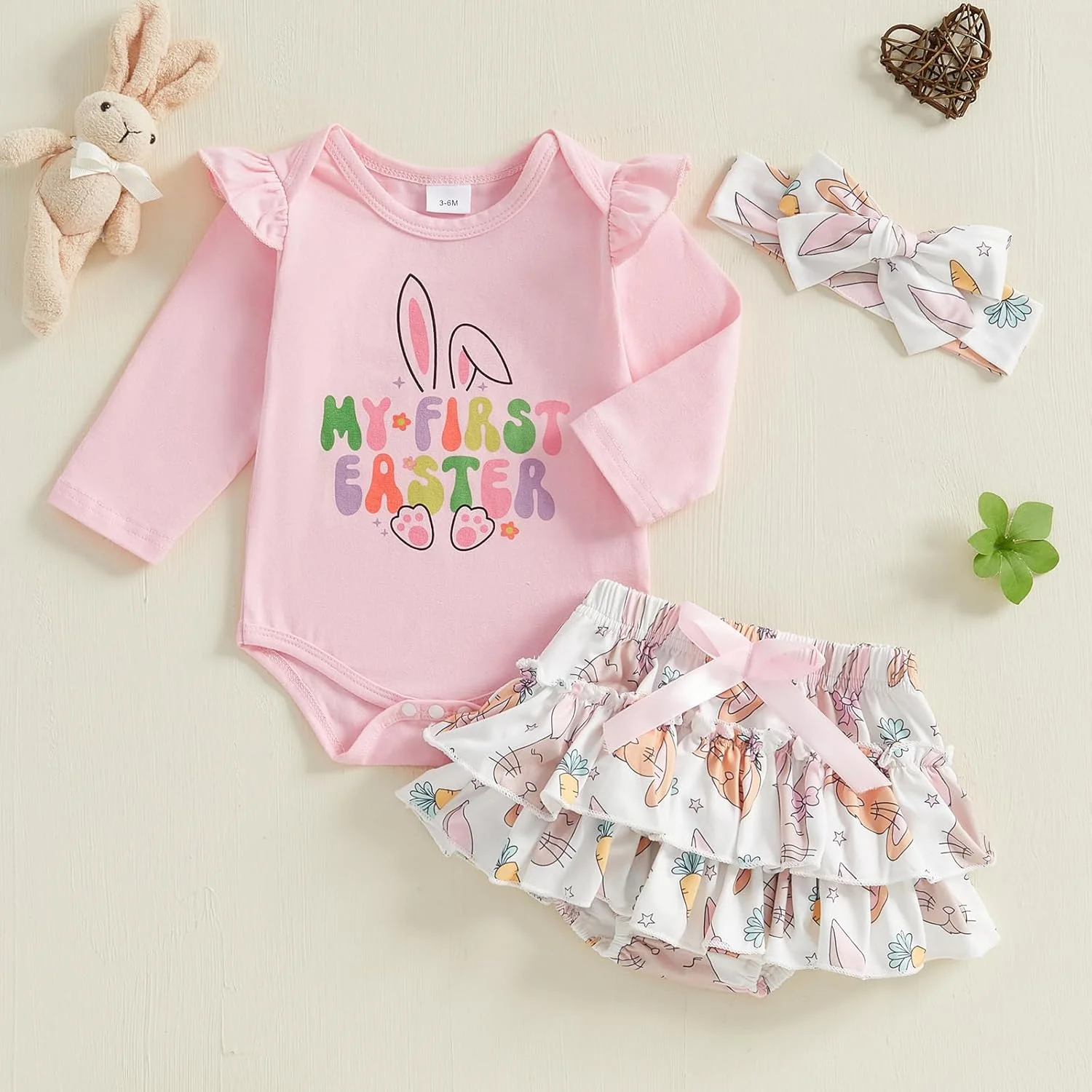 لباس عید پاک نوزادی دخترانه Gueuusu، رامپر آستین بلند + دامن توتو خرگوشی + ساق گرمکن + ست هدبند