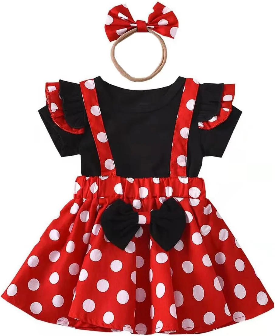 ست لباس نوزادی دخترانه HEOXIN شامل تاپ آستین کوتاه چین دار + دامن ساسون دار خال خالی سفید + هدبند، ست دامن و جلیقه نوزادی دخترانه برای تابستان، قرمز، 6 ماه - 5 سال