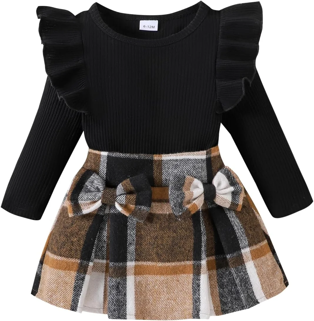 ست لباس دخترانه Guodeunh شامل تاپ آستین پفی چهارخانه + دامن کوتاه پلیسه دار چهارخانه، مناسب پاییز و زمستان