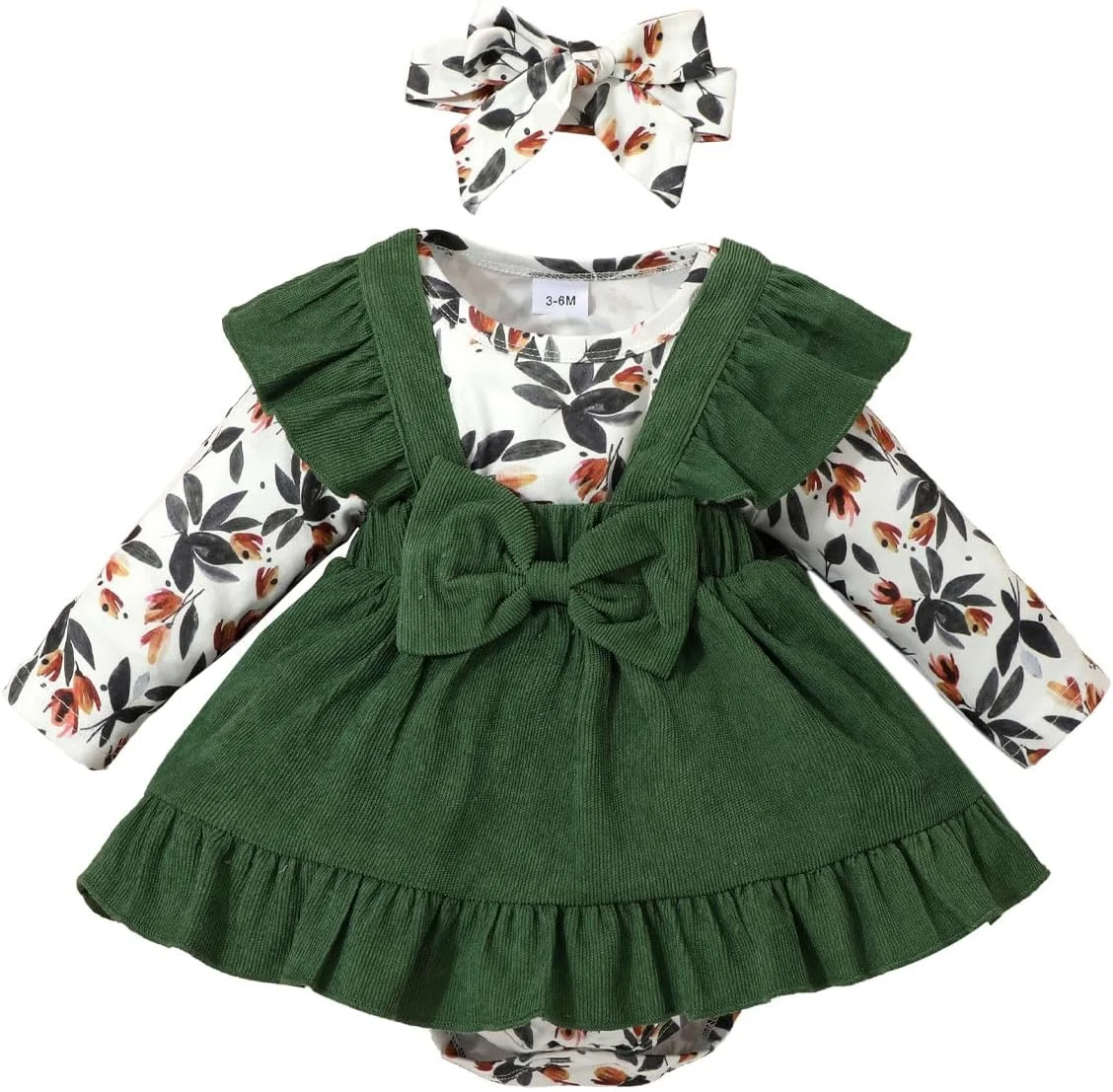 HEOXIN Baby Girl Bodysuit Bodysuit Clothes Autumn Clothing Long Sleeve Flower Bodysuit Top with Corduroy Dungarees Skirt Bow + Headband 3 Pieces Set, for Babies 3-24 Months, Green