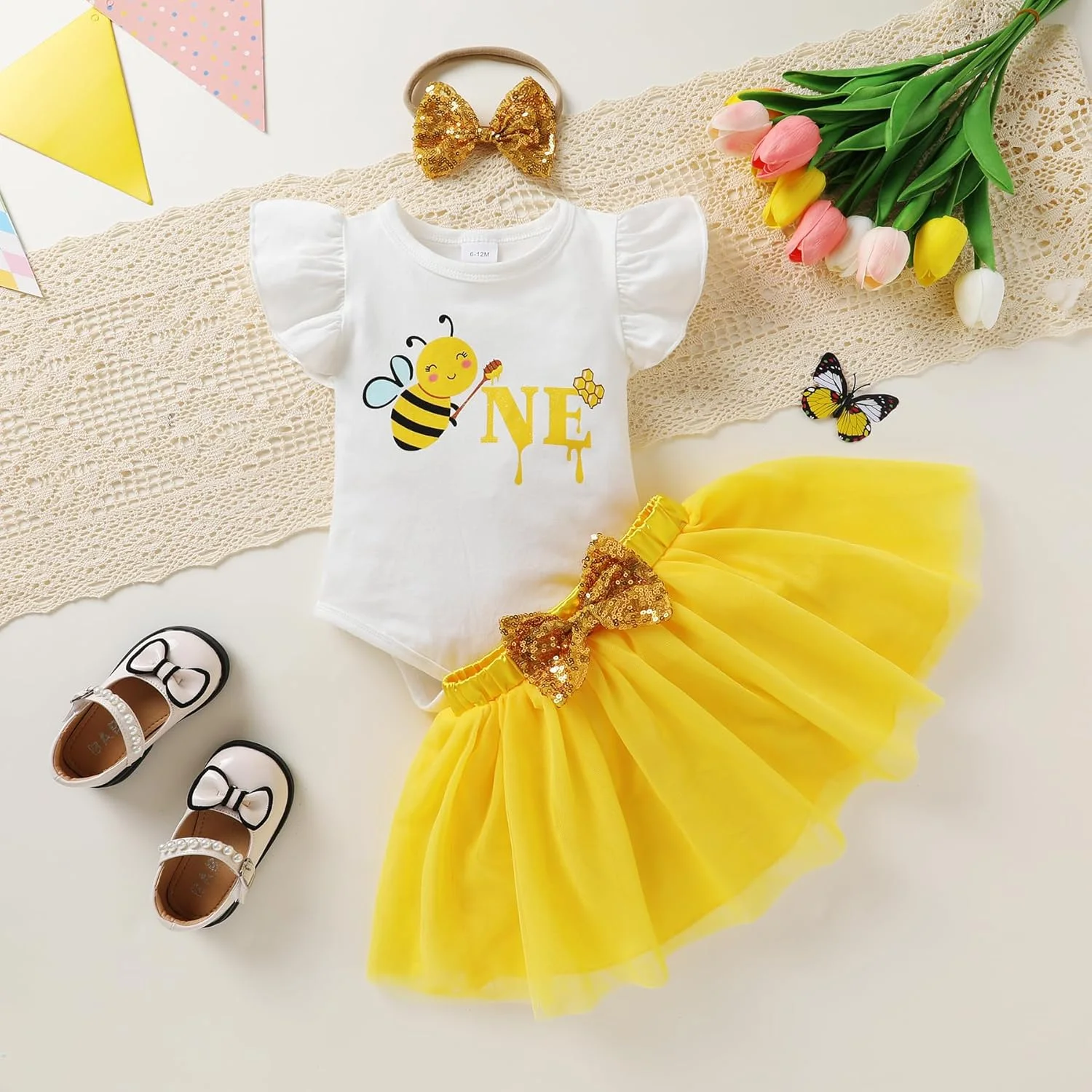 HAPPYMA Baby Girls One 1st Birthday Outfit Bee Sunflower Romper Tulle Tutu Skirt Sequin Bow Party Clothes Set