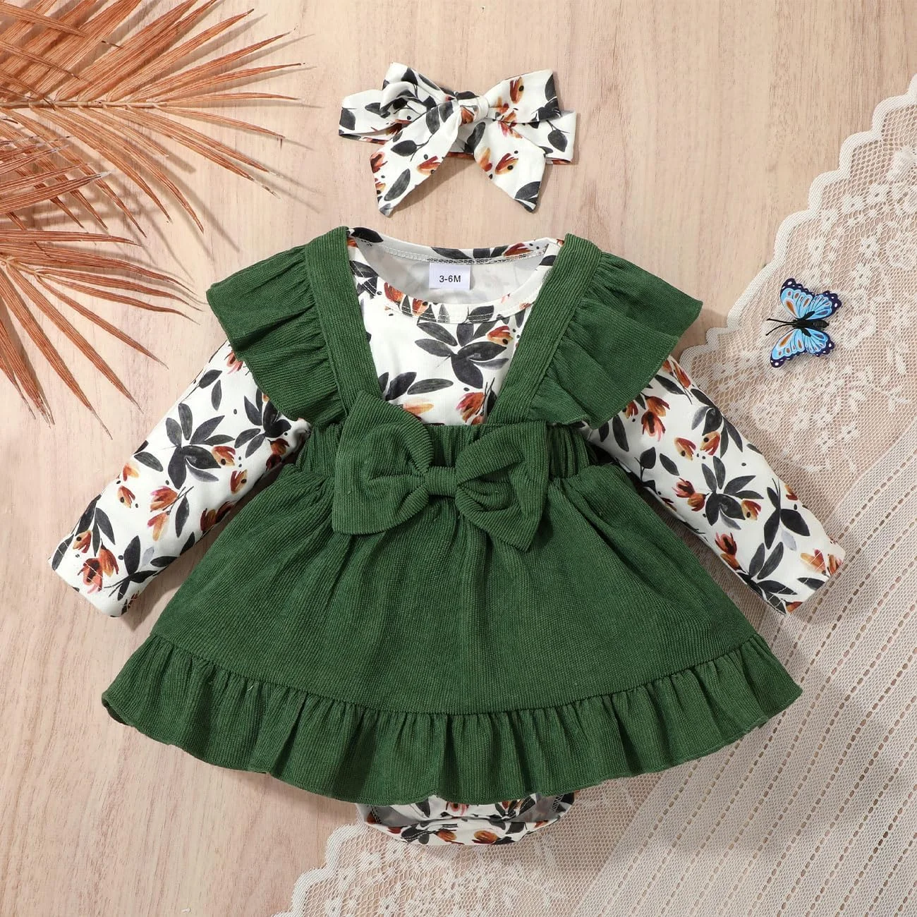 HEOXIN Baby Girl Bodysuit Bodysuit Clothes Autumn Clothing Long Sleeve Flower Bodysuit Top with Corduroy Dungarees Skirt Bow + Headband 3 Pieces Set, for Babies 3-24 Months, Green