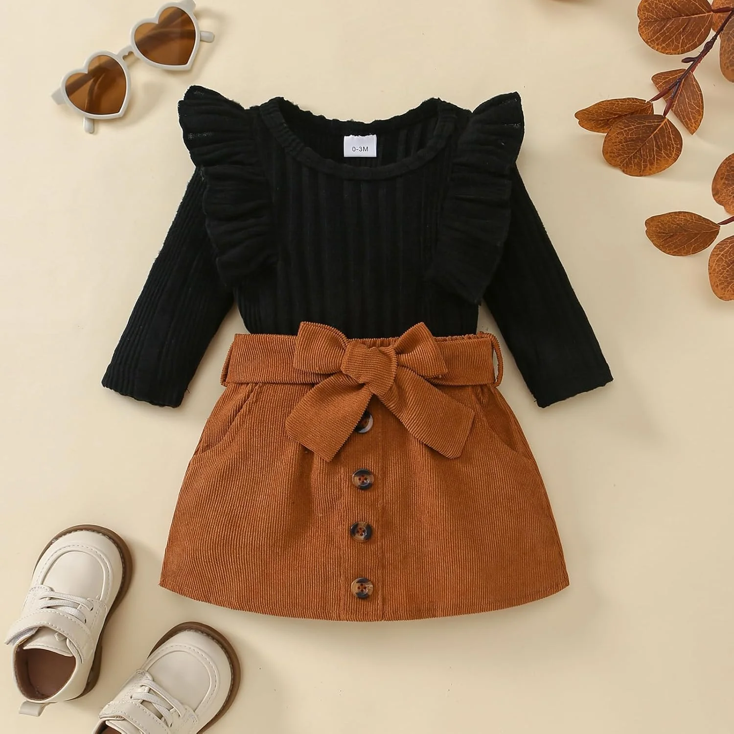 Guodeunh Newborn Baby Girl Plaid Outfits Long Sleeves Knit Ribbed Romper Plaid Belt Skirt Set Fall Winter Clothes 0-18M