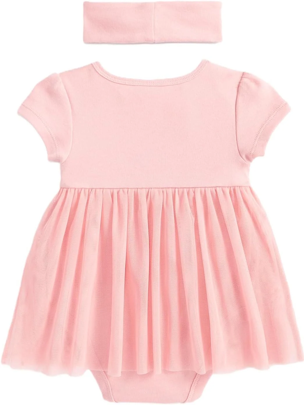 لباس بادی دامن توری دو تکه نوزاد دختر به همراه هدبند، صورتی، سایز 6-9 ماه