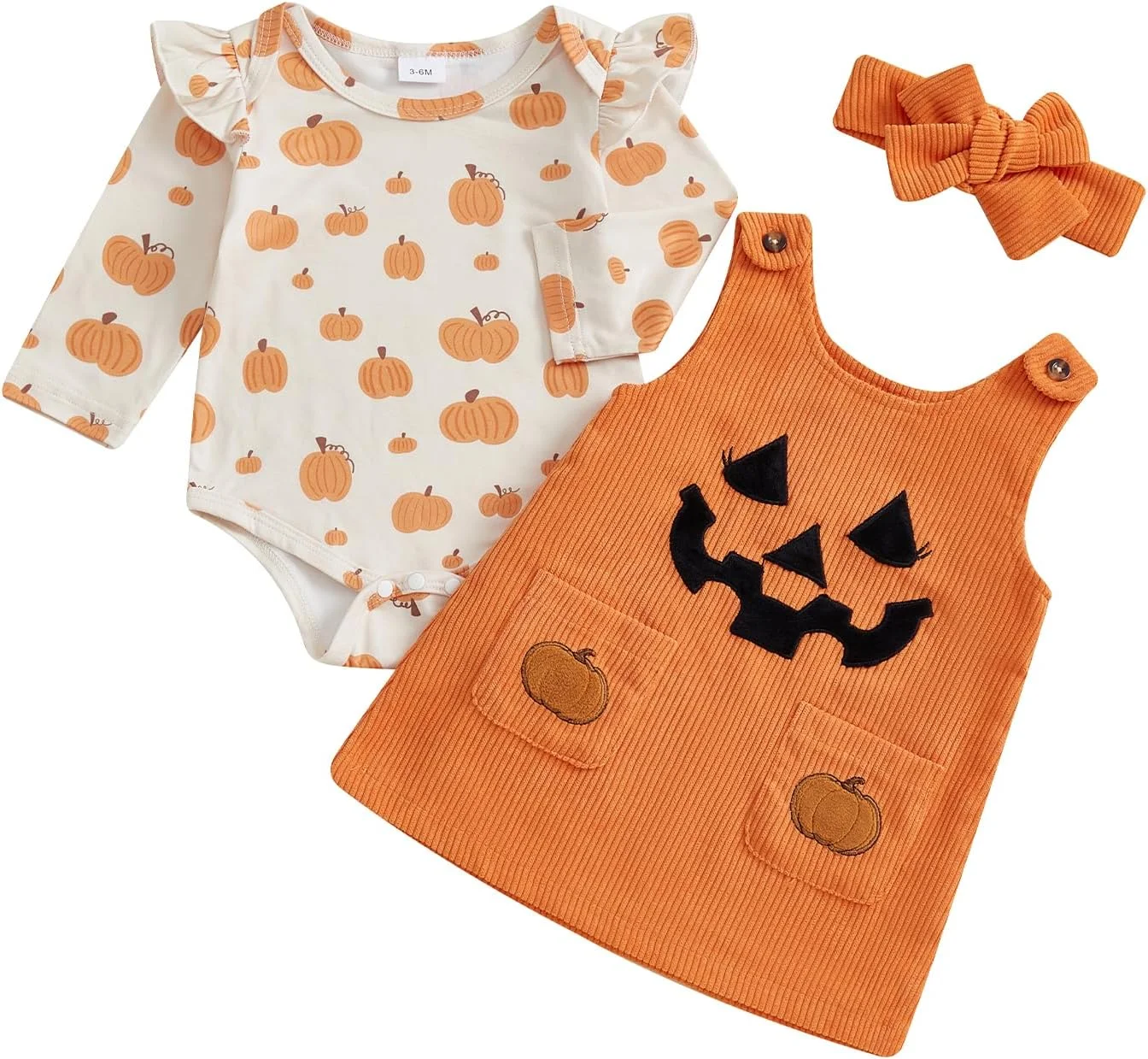Geagodelia Halloween Newborn Baby Girl Clothes Set Long Sleeve Bodysuit and Sleeveless Dress My First Halloween Outfits with Headband