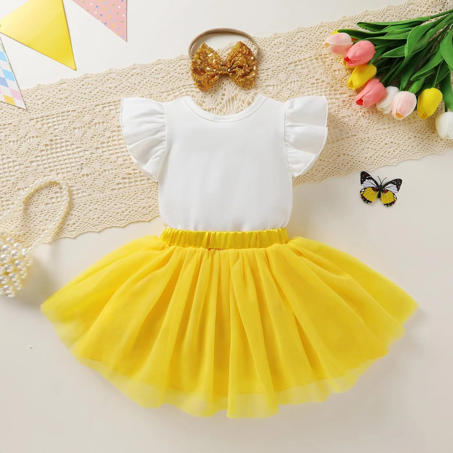 HAPPYMA Baby Girls One 1st Birthday Outfit Bee Sunflower Romper Tulle Tutu Skirt Sequin Bow Party Clothes Set