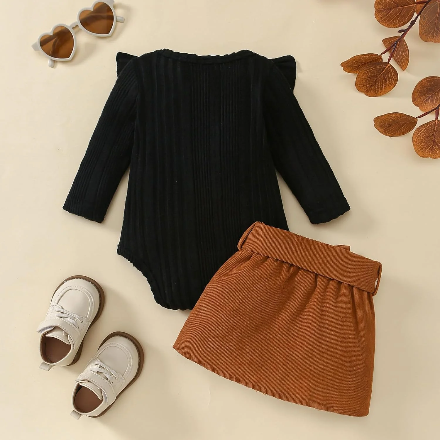 Guodeunh Newborn Baby Girl Plaid Outfits Long Sleeves Knit Ribbed Romper Plaid Belt Skirt Set Fall Winter Clothes 0-18M